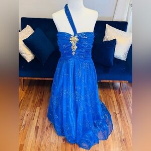 Single Strap Juniors Tool Sparkle Blue Prom Dress with Jewel Accents New without